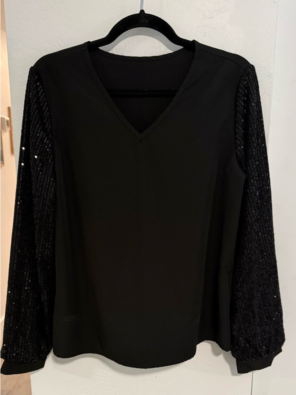 Women's Black V-Neck Long Sleeve Top with Sequin Sleeves